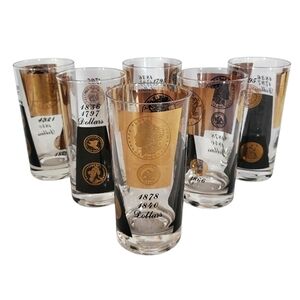Vintage MCM Cera 22K Gold Coin Highball Glasses Barware Set of 6
